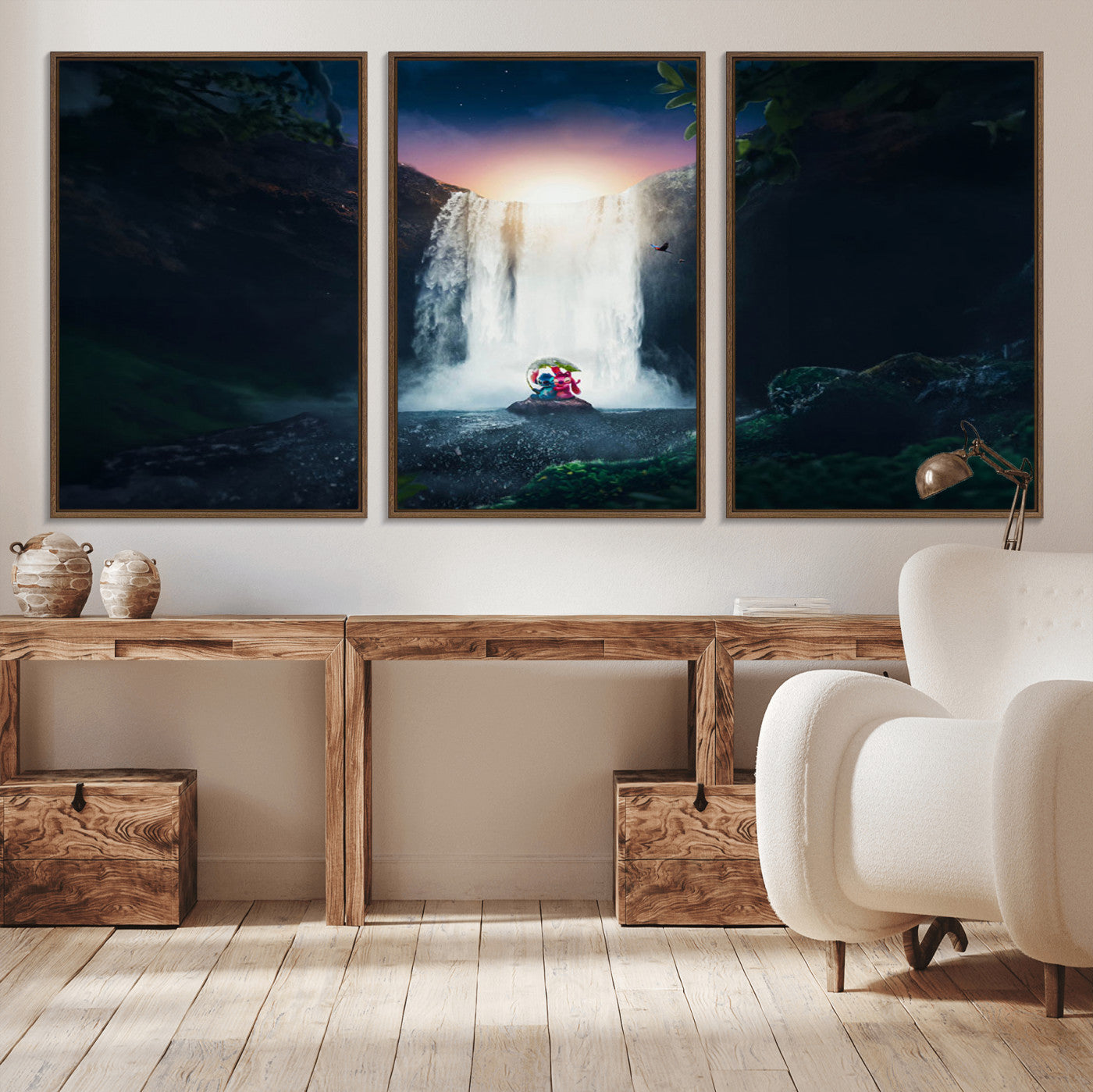 Romantic scene of Stitch and Angel sitting under a leaf in front of a glowing waterfall, ideal for tropical or fantasy-themed decor.