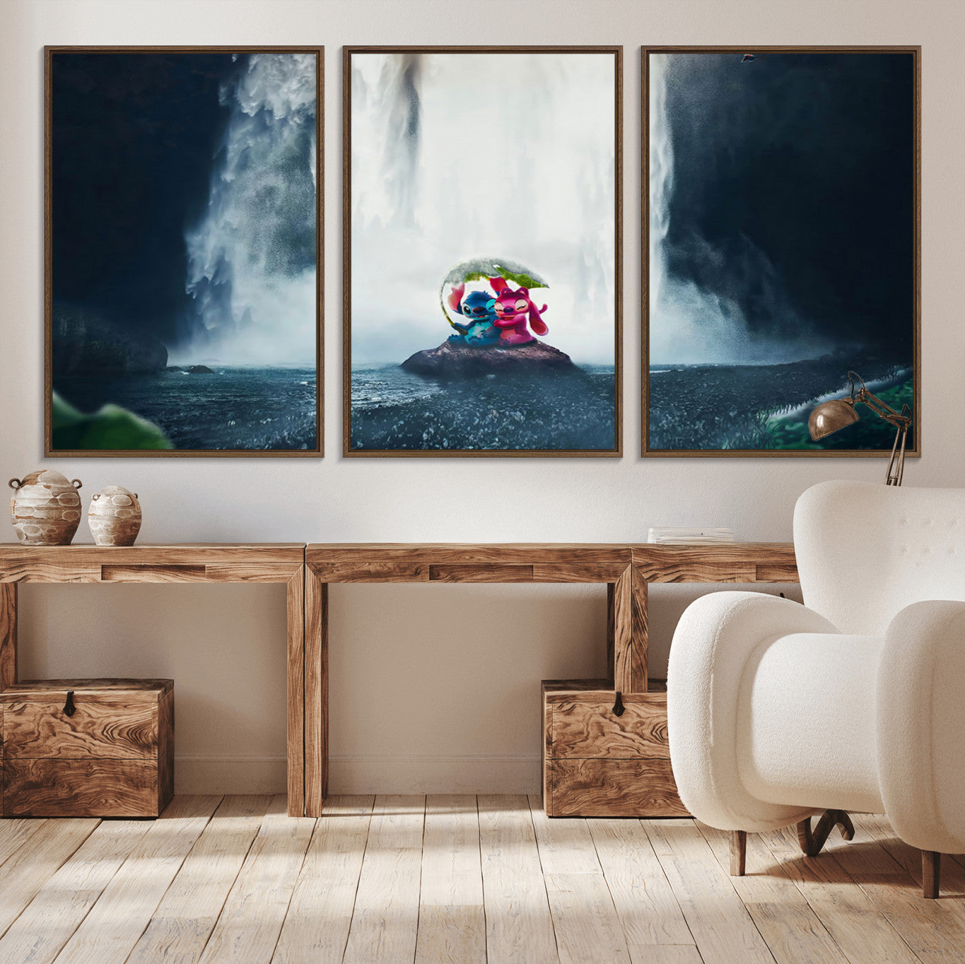 Fantasy canvas of Stitch and Angel under a leaf umbrella in front of a dramatic waterfall, perfect for moody jungle-themed or animated decor.