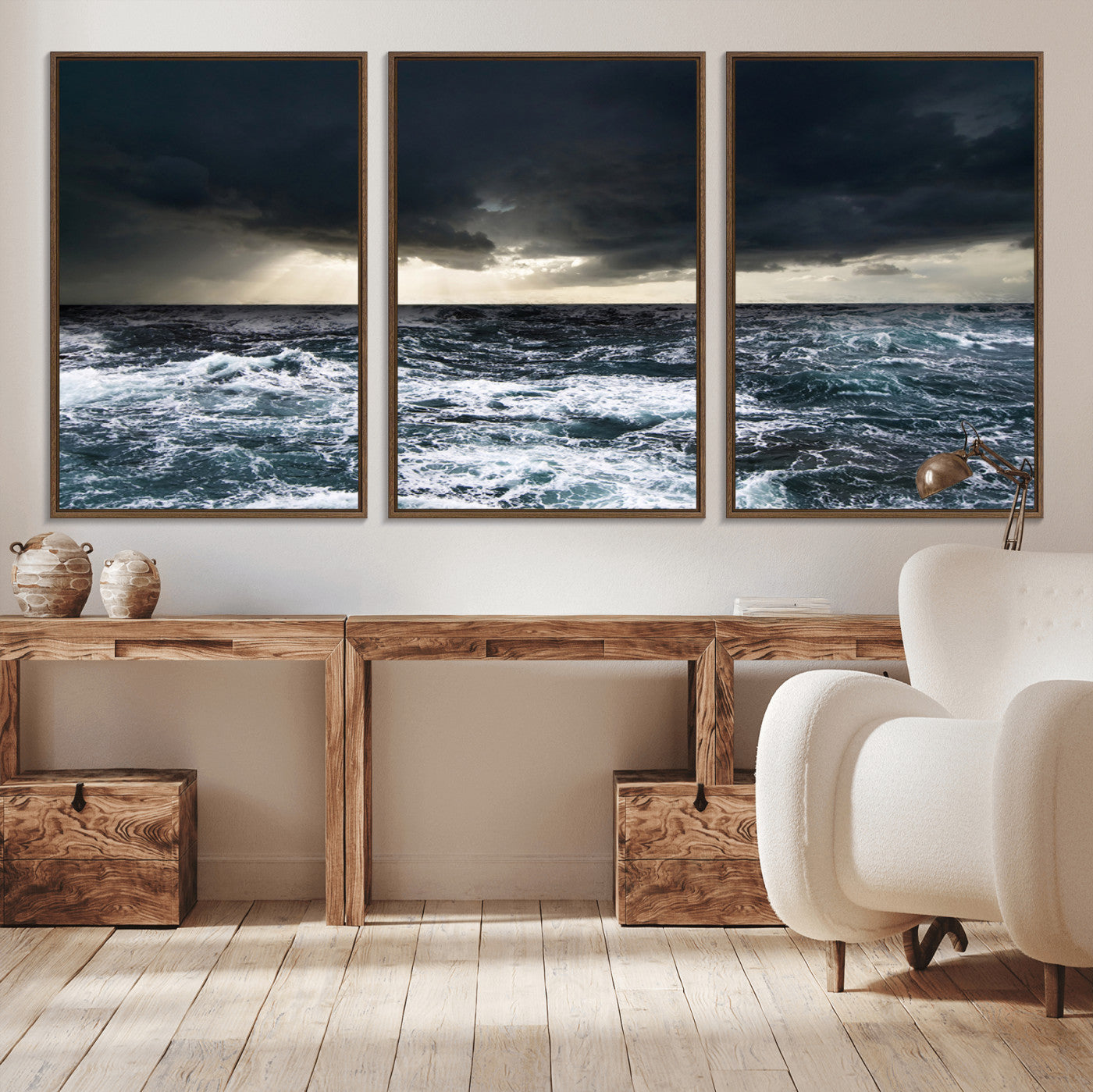 Moody ocean scene with stormy skies and crashing waves, perfect for dramatic or coastal-style home wall decor.