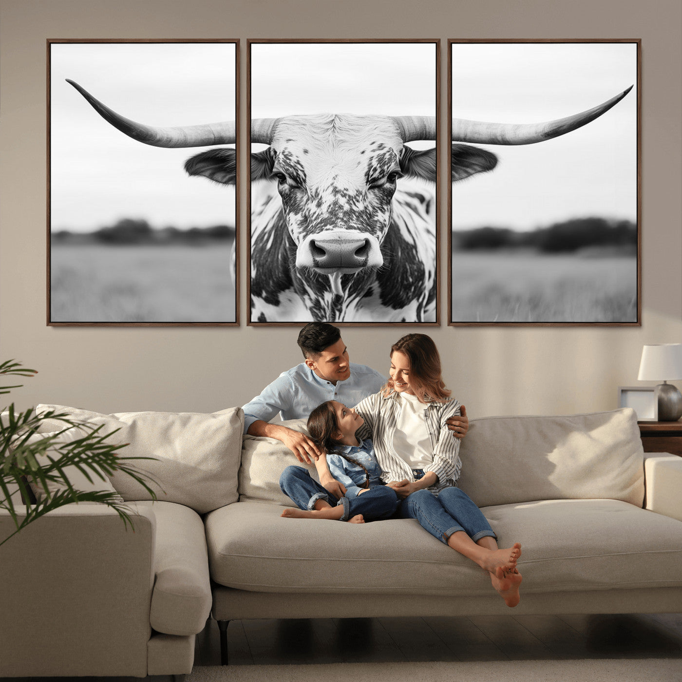 Capture the strength and elegance of nature with this striking black and white portrait of a longhorn cow. Its powerful presence makes a bold statement in any room.