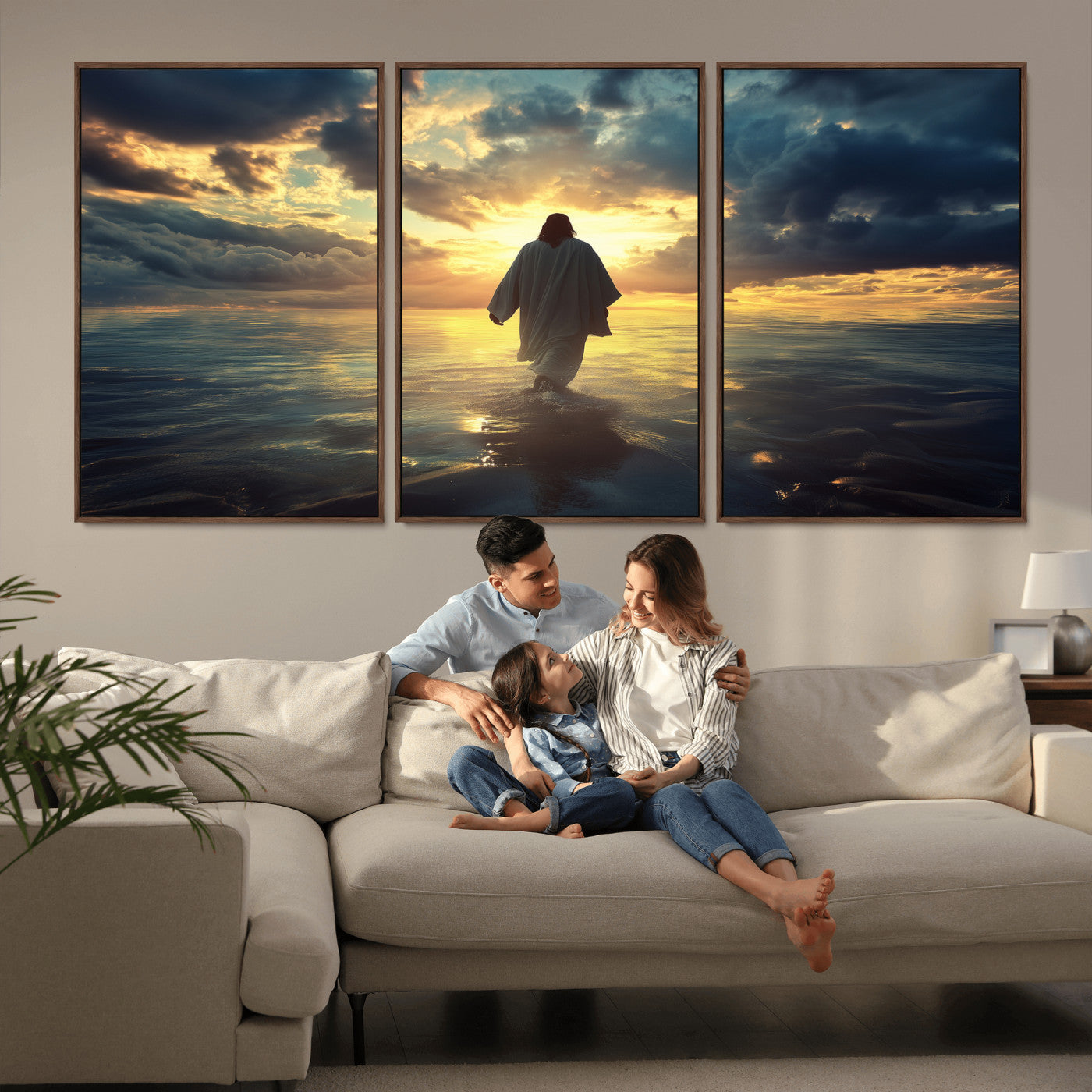 Spiritual artwork of Jesus walking on water at golden hour with divine light, ideal for Christian home decor or prayer room.