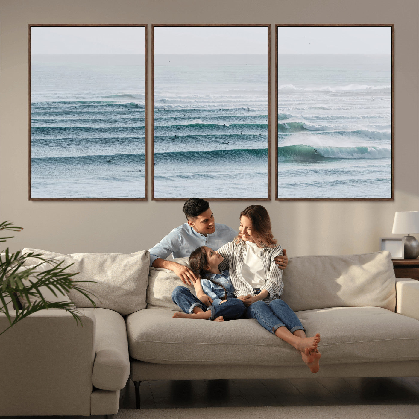High-angle view of surfers lining up across layered ocean waves, ideal for minimal coastal or surf-inspired room decor.
