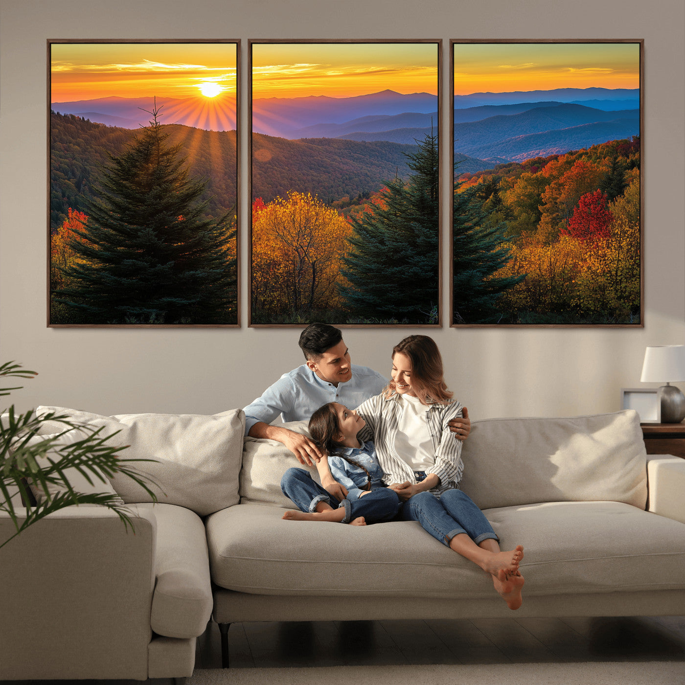 Vibrant sunset over autumn mountains with colorful trees and warm light, ideal for nature lovers or cabin-style wall decor.