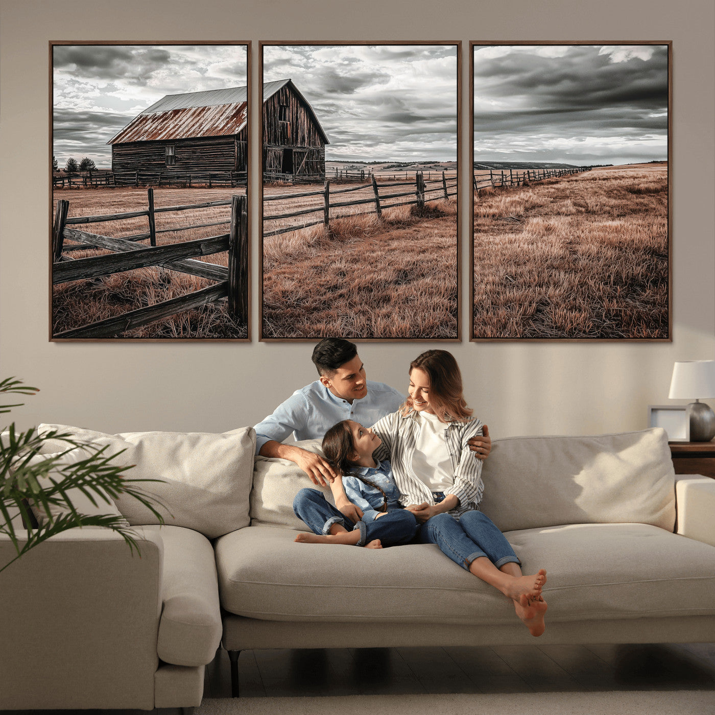 Framed canvas of a rustic barn under a moody sky with weathered fence and dark fields, ideal for farmhouse or rural-style wall decor.