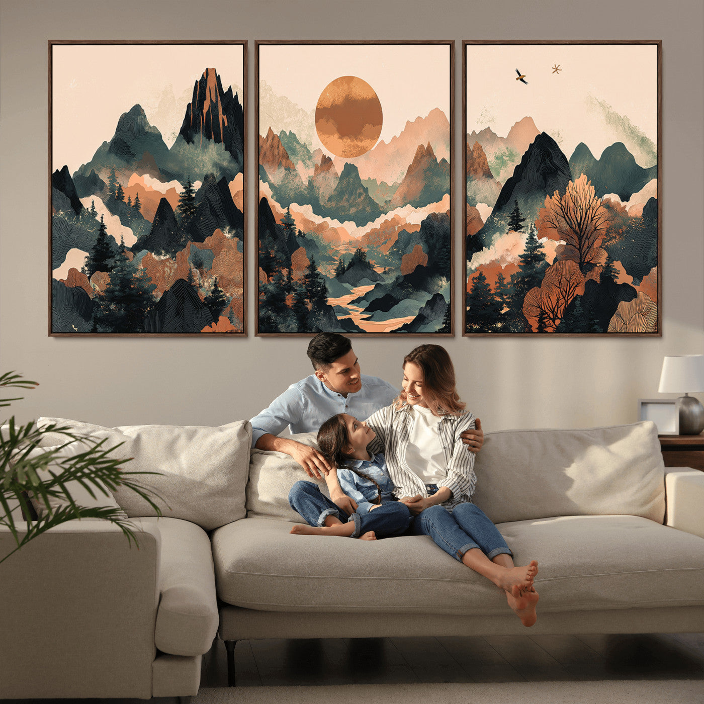 Mountain Landscape Wall Art Print - Sunset Hills Canvas Print, featuring an abstract nature scene with earthy tones and misty peaks, perfect for boho and modern decor.
