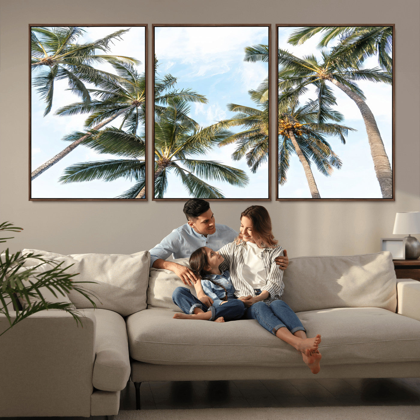 Framed canvas of tall palm trees reaching into a tropical sky, ideal for beach home or relaxed island-inspired wall decor.