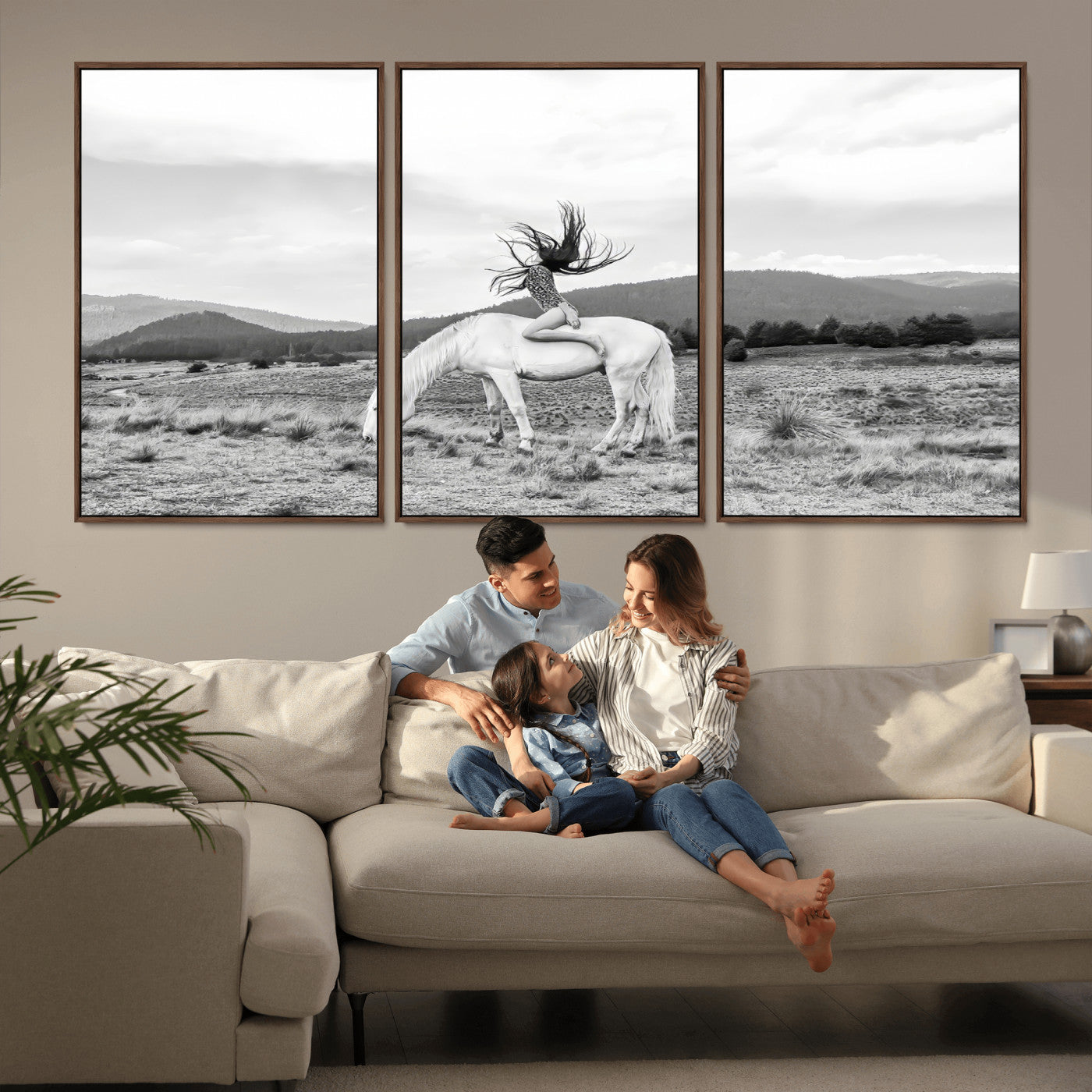 Black and white photo of a woman on a white horse in moody tones, ideal for Western Boho or modern rustic-style home decor.