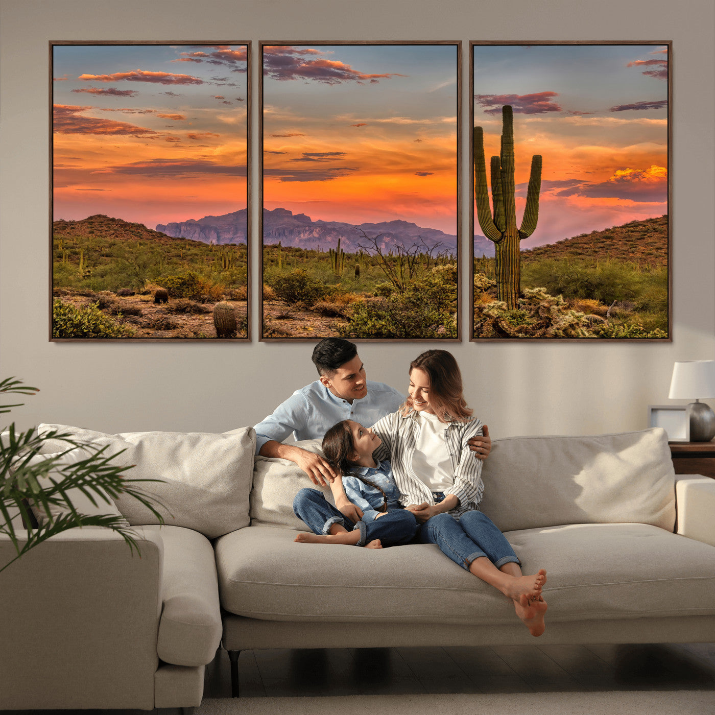 Vibrant desert sunset with saguaro cacti and distant mountains, perfect for Southwestern or warm-toned home decor.