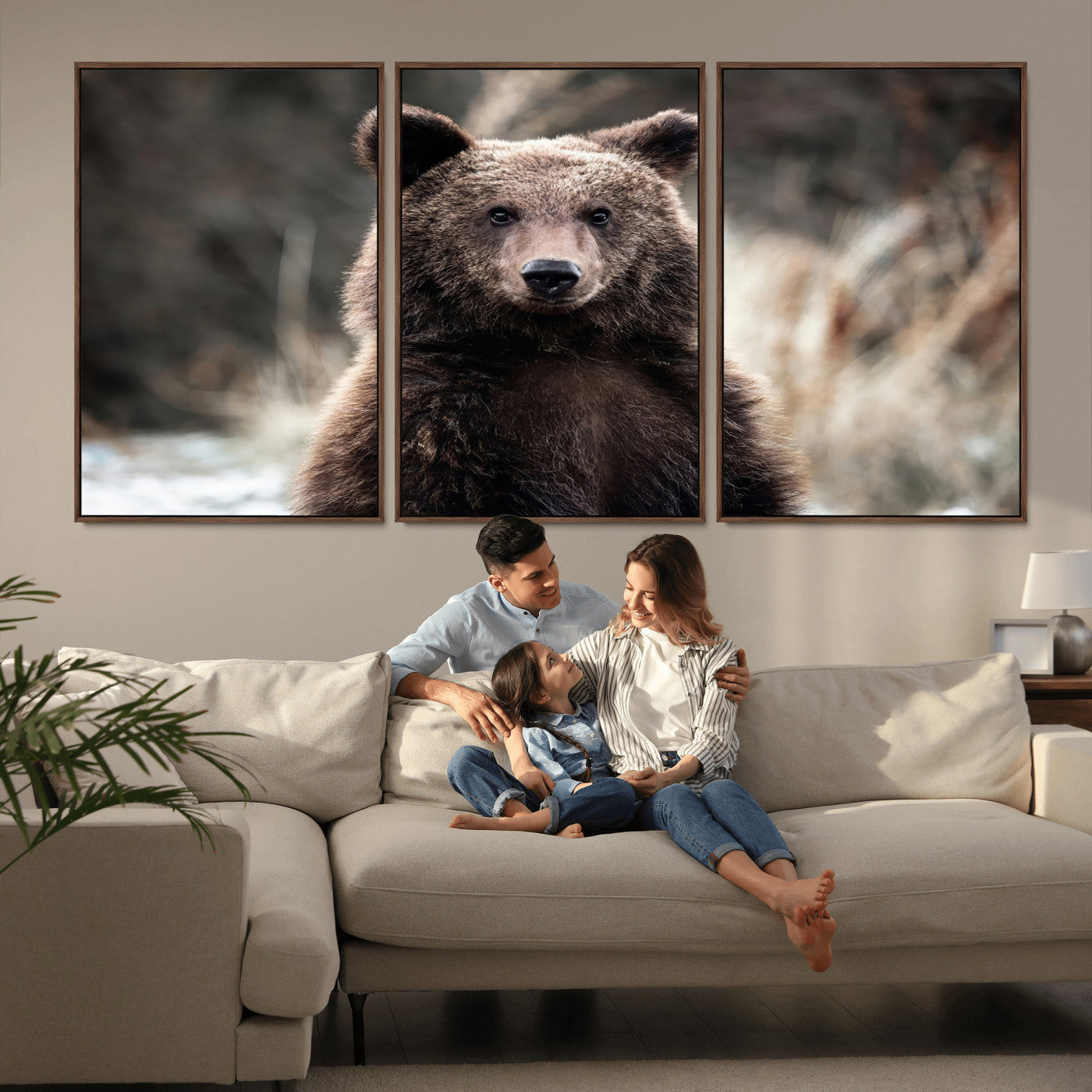 Canvas of a brown bear in soft earthy tones and moody forest light, ideal for rustic cabin or woodland nature-themed home decor.