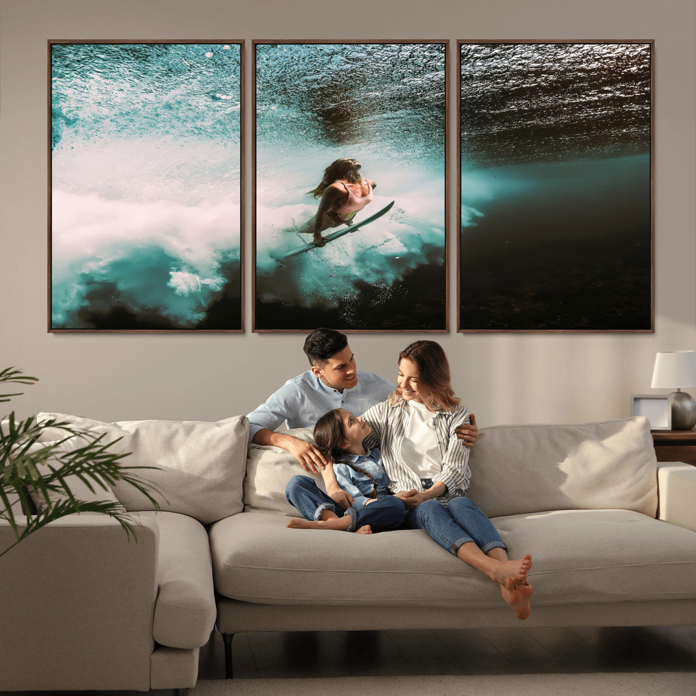 Vibrant underwater photo of a female surfer diving through turquoise waves, perfect for coastal boho or surf-inspired home decor.