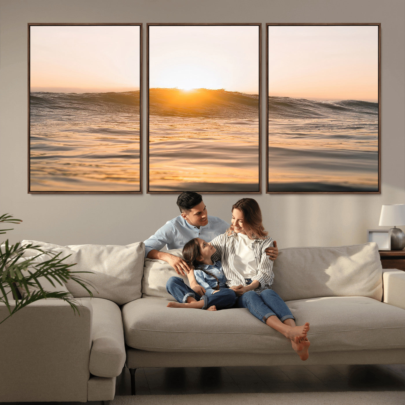 Ocean waves glowing under a warm golden sunset, reflecting soft light and calm movement, perfect for warm minimalist coastal interiors.