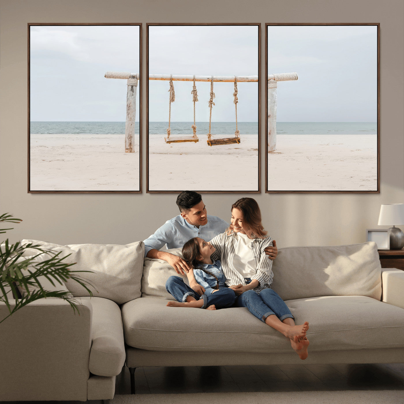 A rustic wooden beach swing stands on a serene sandy shore with an ocean horizon in the background, creating a tranquil and dreamy coastal escape.