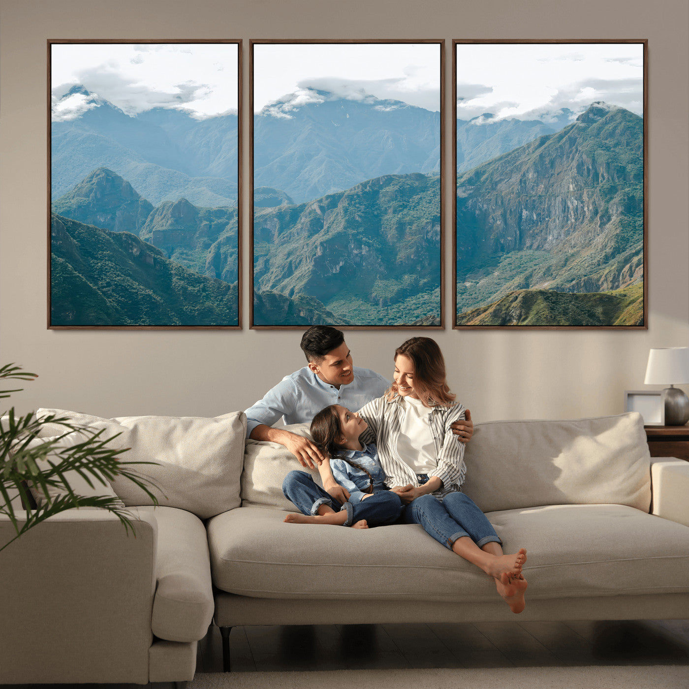 A misty mountain landscape with cloud-covered Andean peaks and lush green valleys, creating a dramatic and serene view, perfect for rustic or nature-inspired home decor.