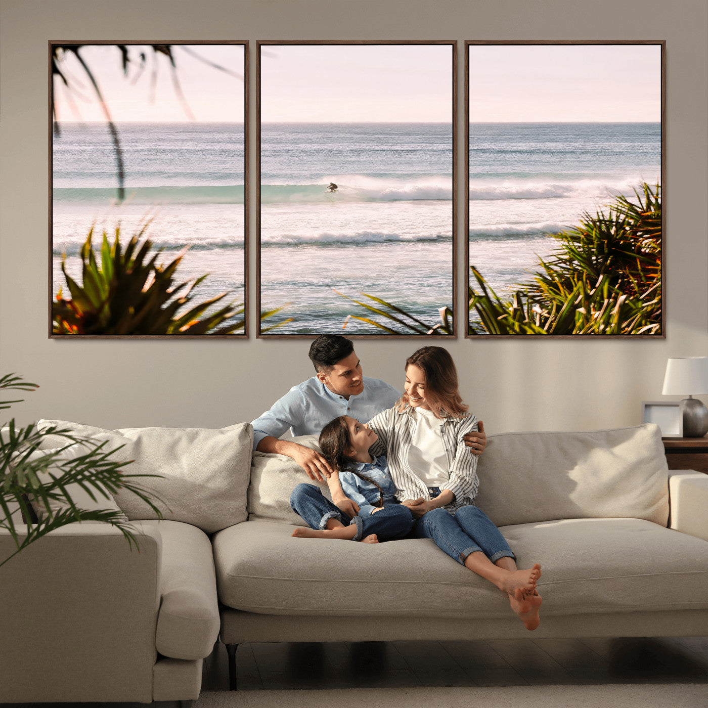 Canvas of a lone surfer riding a pastel wave at sunrise, perfect for tropical or coastal-themed spaces with a relaxed, airy vibe.