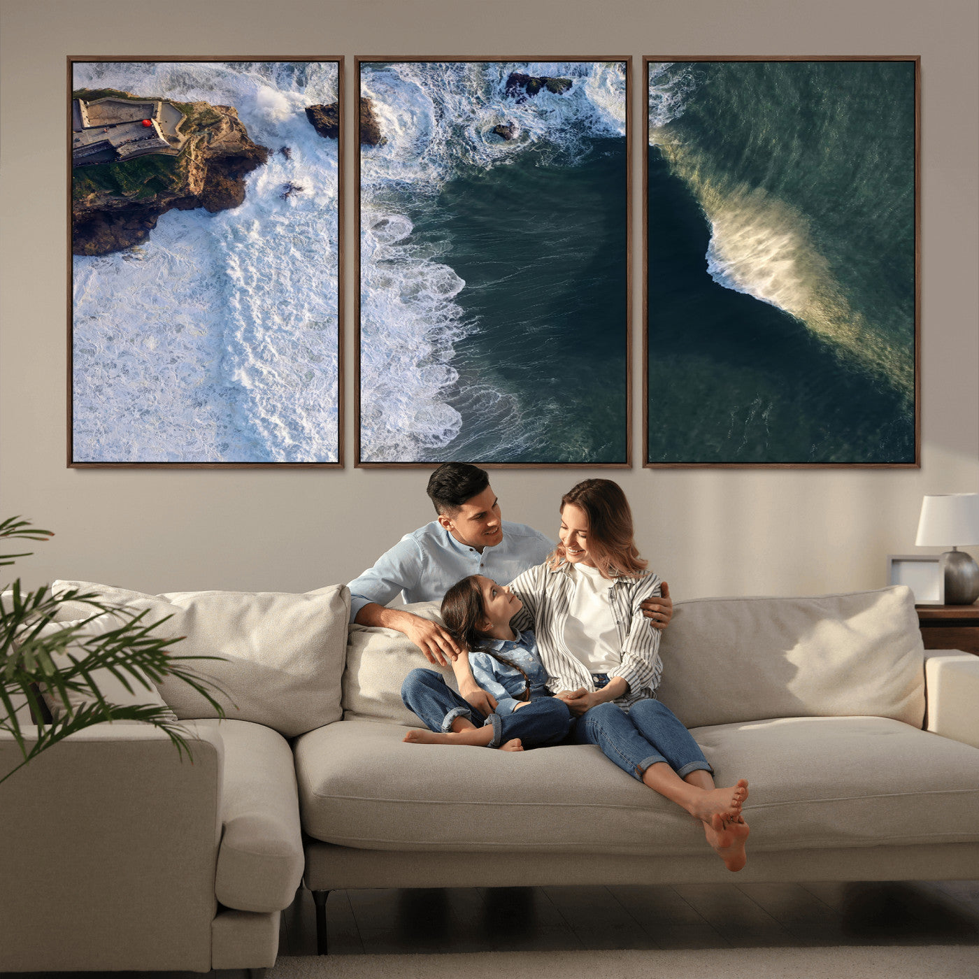 Canvas showing an aerial view of crashing waves along the Nazaré coastline, perfect for dramatic coastal or ocean-themed home decor.