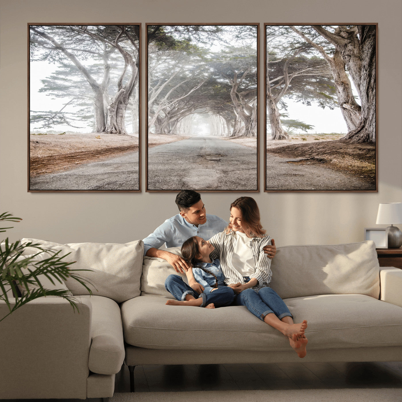 Canvas of a misty tree tunnel with arching cypress trees and an earthy road, ideal for rustic or coastal nature decor.