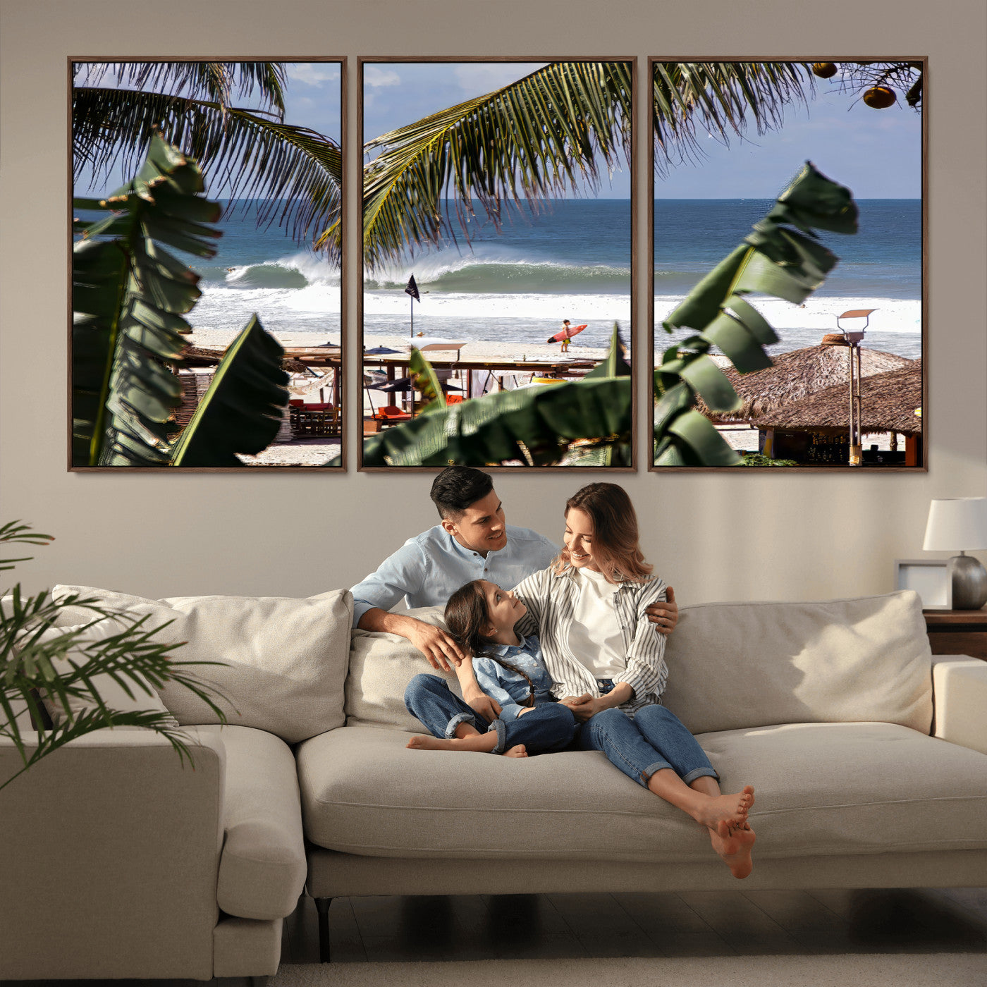 Canvas wall art of a tropical surf scene framed by palm trees, with a surfer on the shore and waves rolling in, ideal for beach-themed decor.