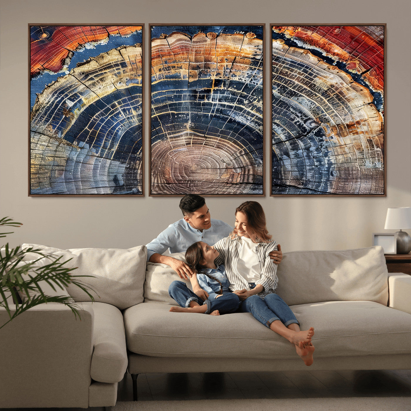 Vibrant tree ring with orange, brown, and blue tones in abstract detail, perfect for rustic or boho-inspired wall decor.