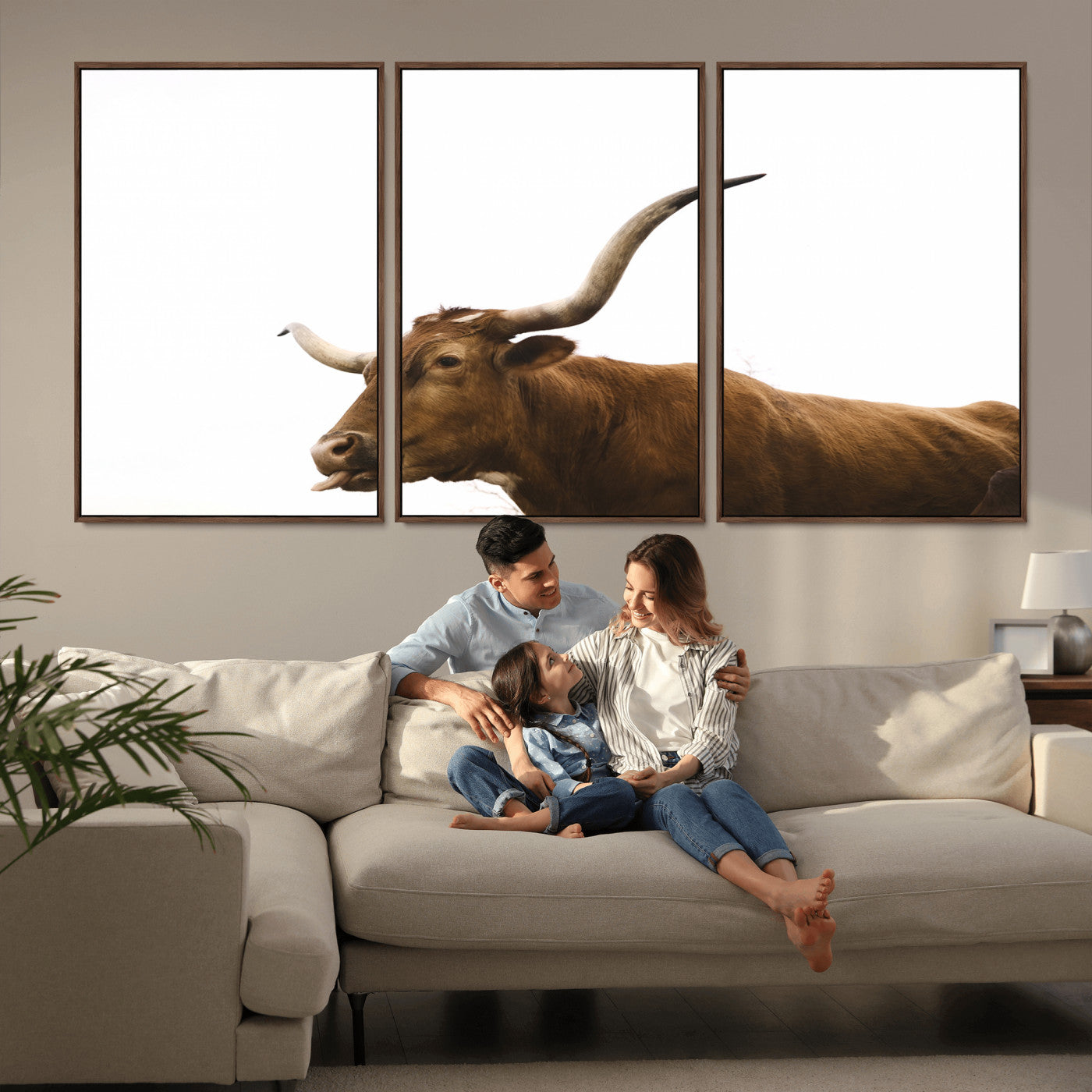 Minimal photo of a longhorn cow with white background, ideal for rustic, western or farmhouse-style interior decor.