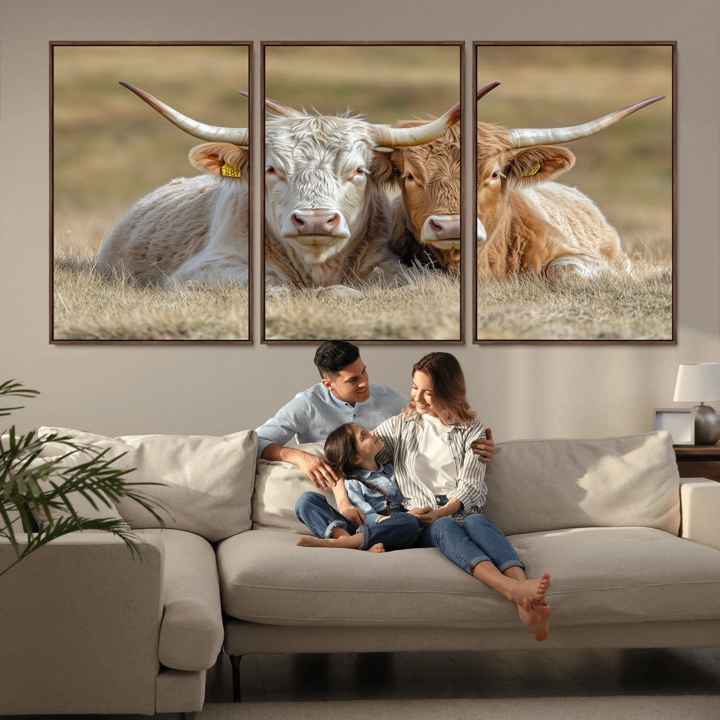 Two cows laying closely in a dry grassy field, captured in soft light, perfect for rustic farmhouse or western style home decor.