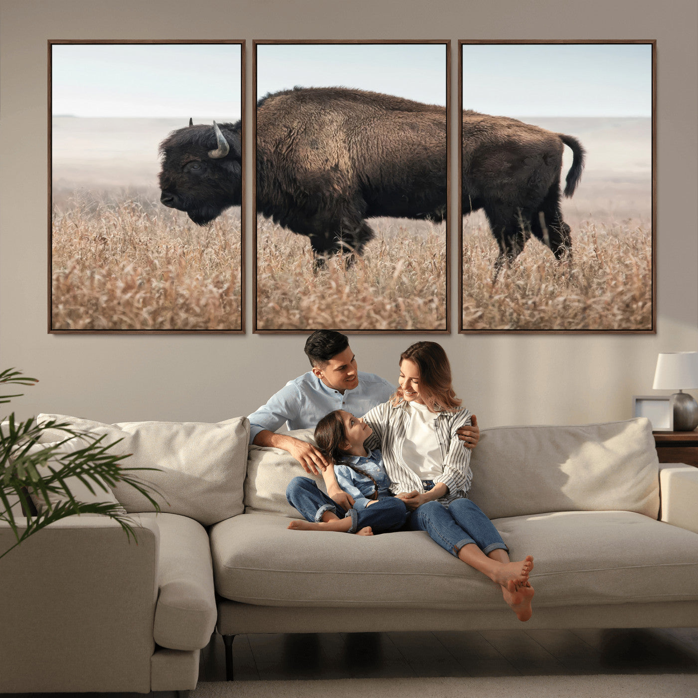 A lone bison stands in a vast prairie under a soft sky, evoking freedom and rustic charm for western or farmhouse inspired interiors.