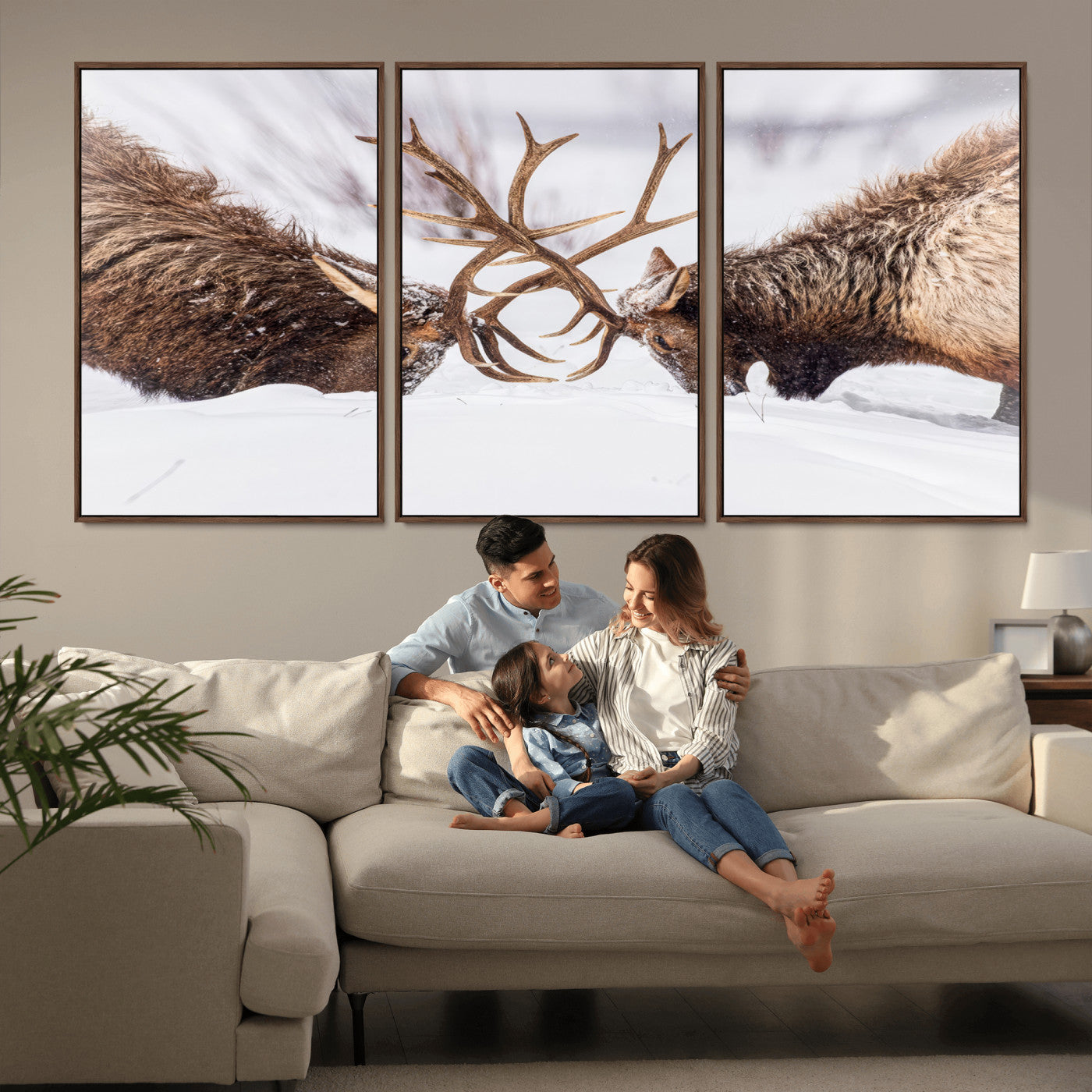 Two elk clashing antlers in a snowy forest, capturing raw power and wild energy, ideal for rustic cabin or lodge-style decor.