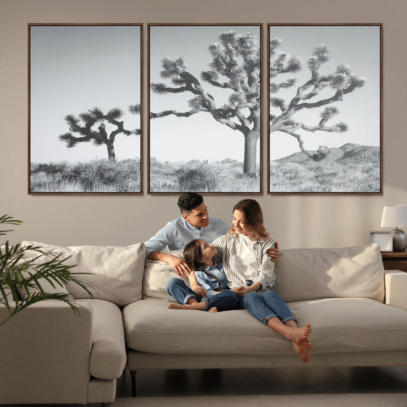 Black and white Joshua tree in a desert landscape with soft light and dry brush, perfect for rustic or minimalist home decor.