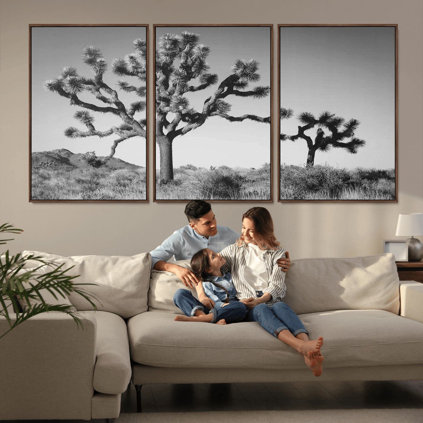 Black and white Joshua trees in a rugged desert landscape, creating a calm and minimalist feel for natural or rustic-themed interiors.