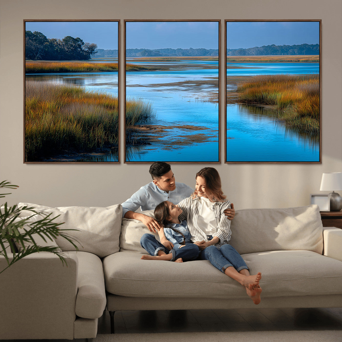 A peaceful marshland scene with calm blue water reflecting the surrounding grasses and trees, capturing the beauty of nature in a serene landscape.