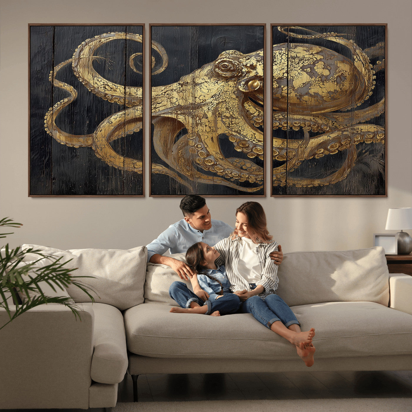 A detailed gold illustration of an octopus on black wooden planks, showing its intricate tentacles and textured skin in an artistic style.