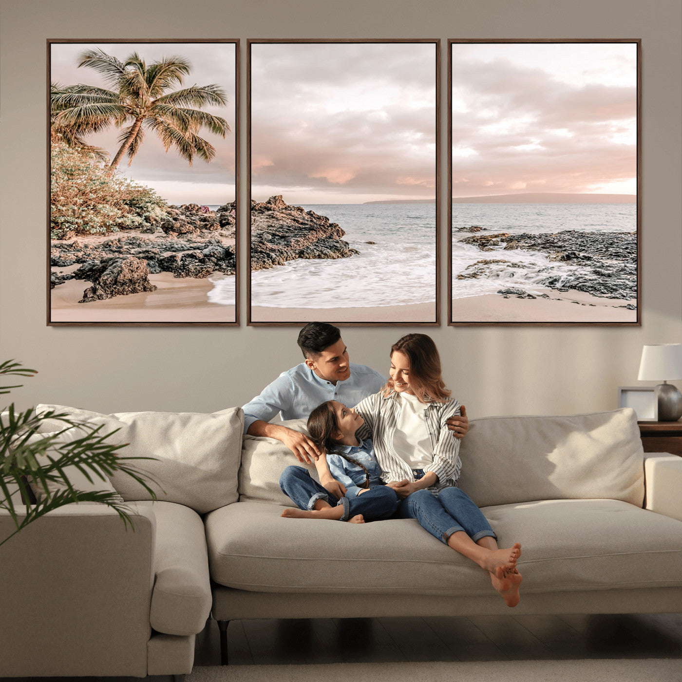 A peaceful beach scene with a palm tree and rocks, soft waves washing onto the shore under a soft pastel sky at sunset.