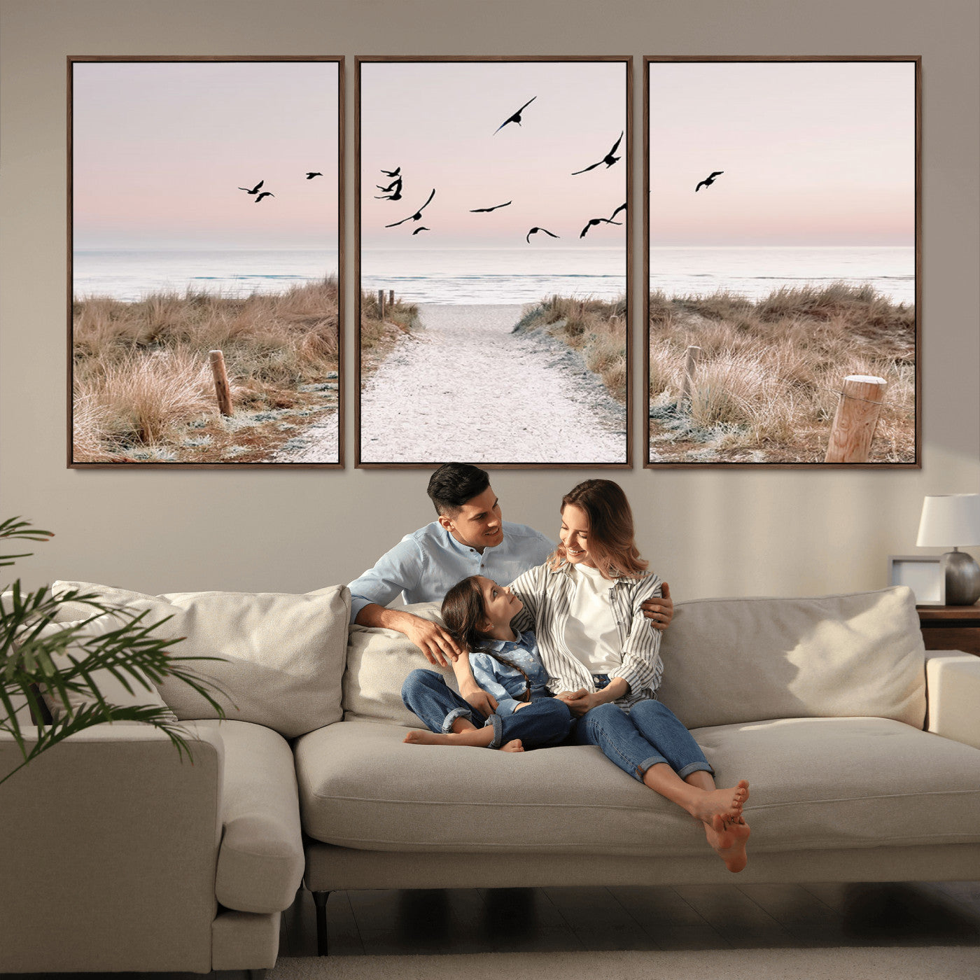 A peaceful coastal pathway leading to the ocean, with birds flying across a soft pastel sky, creating a calm and scenic beach atmosphere.
