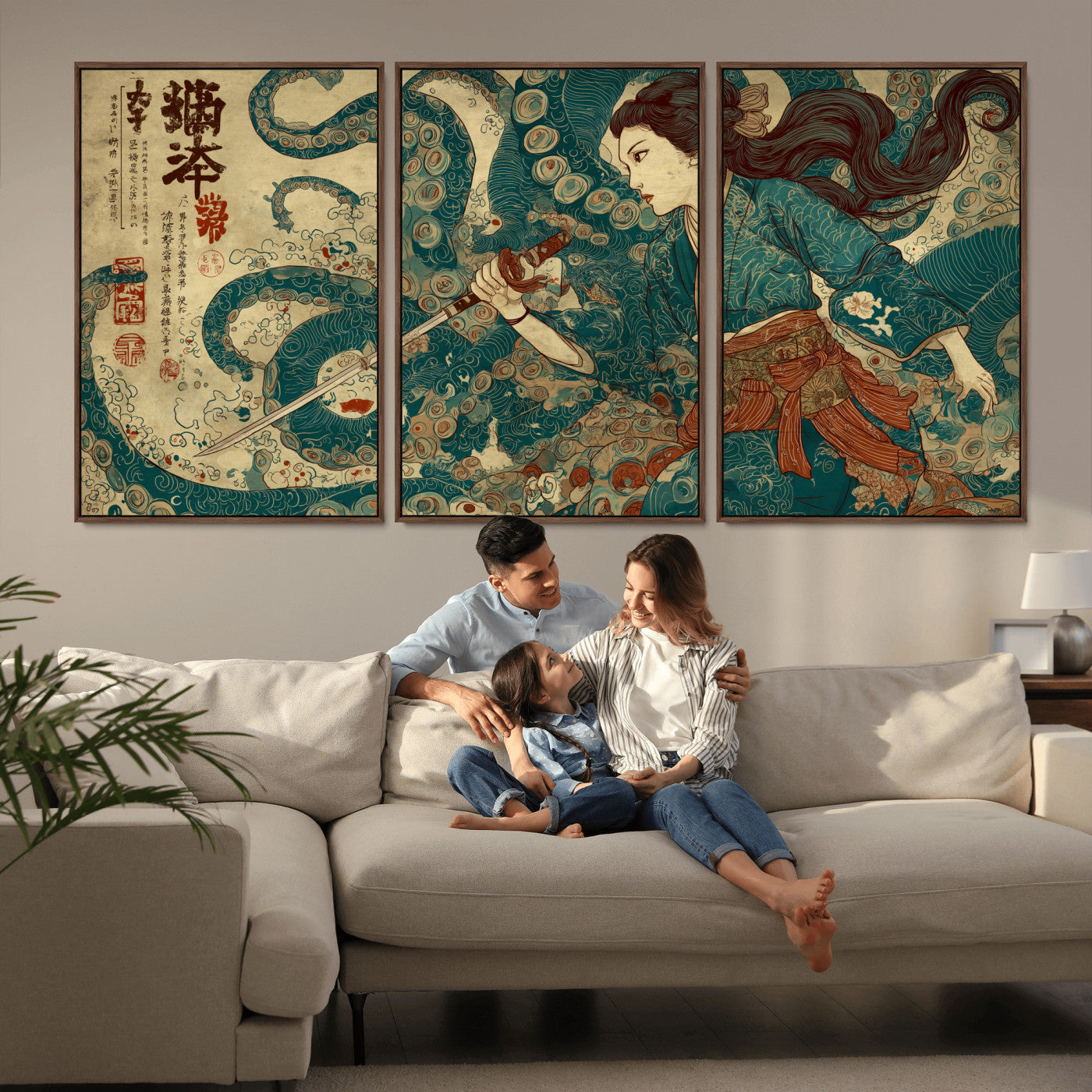 Tsukioka Yoshitoshi Samurai Wall Art Print, Japanese Katana Warrior Canvas Wall Art, Octopus Sea Monster Canvas Print,