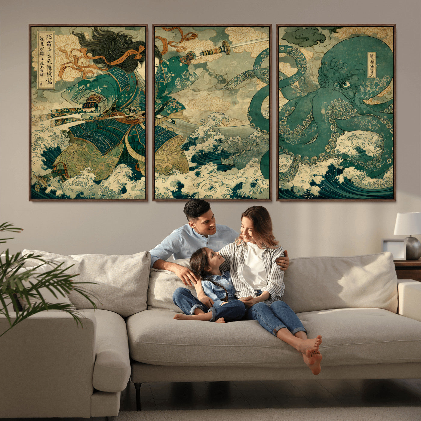 Tsukioka Yoshitoshi Samurai Wall Art Print, Japanese Katana Warrior Canvas Wall Art, Octopus Sea Monster Canvas Print,