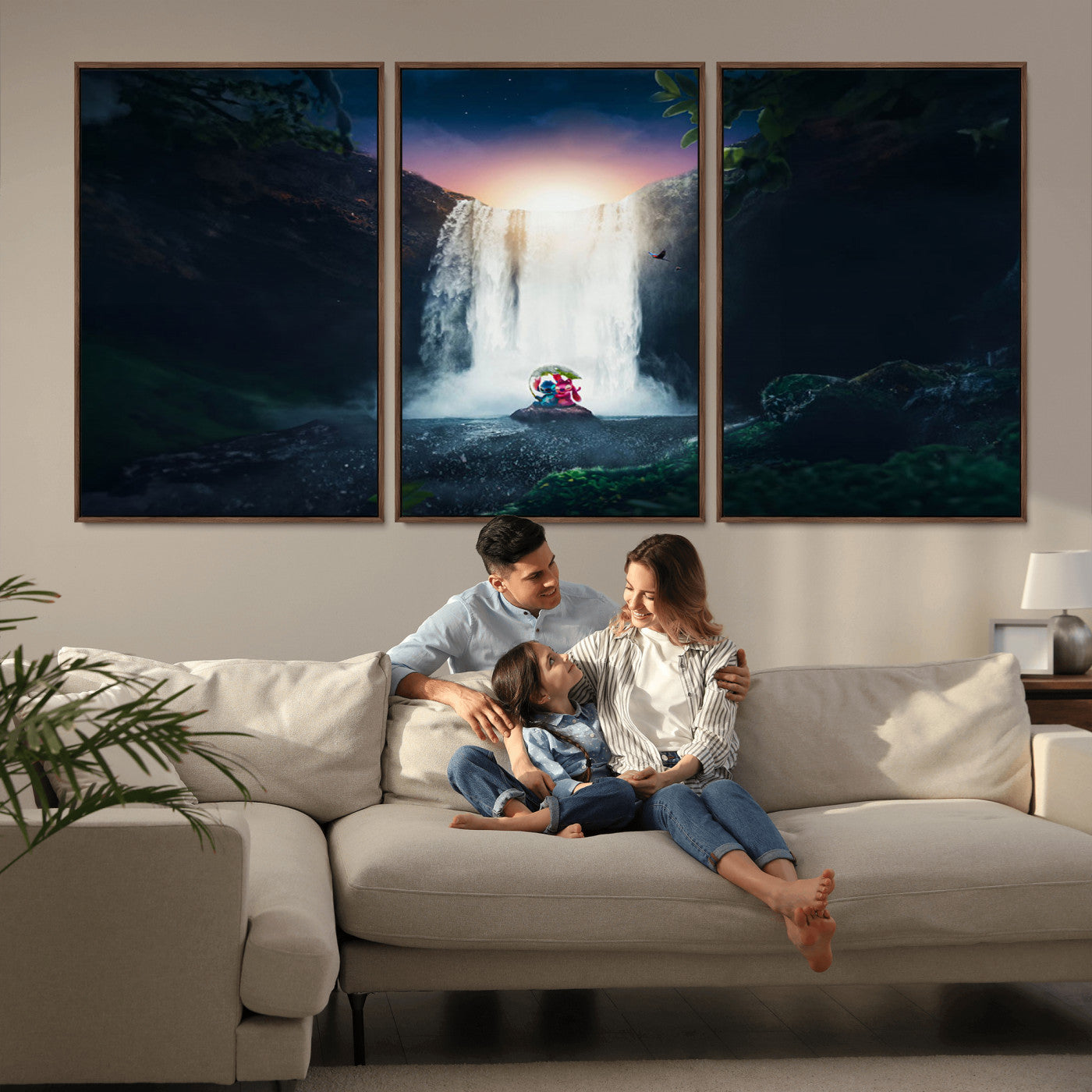 Romantic scene of Stitch and Angel sitting under a leaf in front of a glowing waterfall, ideal for tropical or fantasy-themed decor.