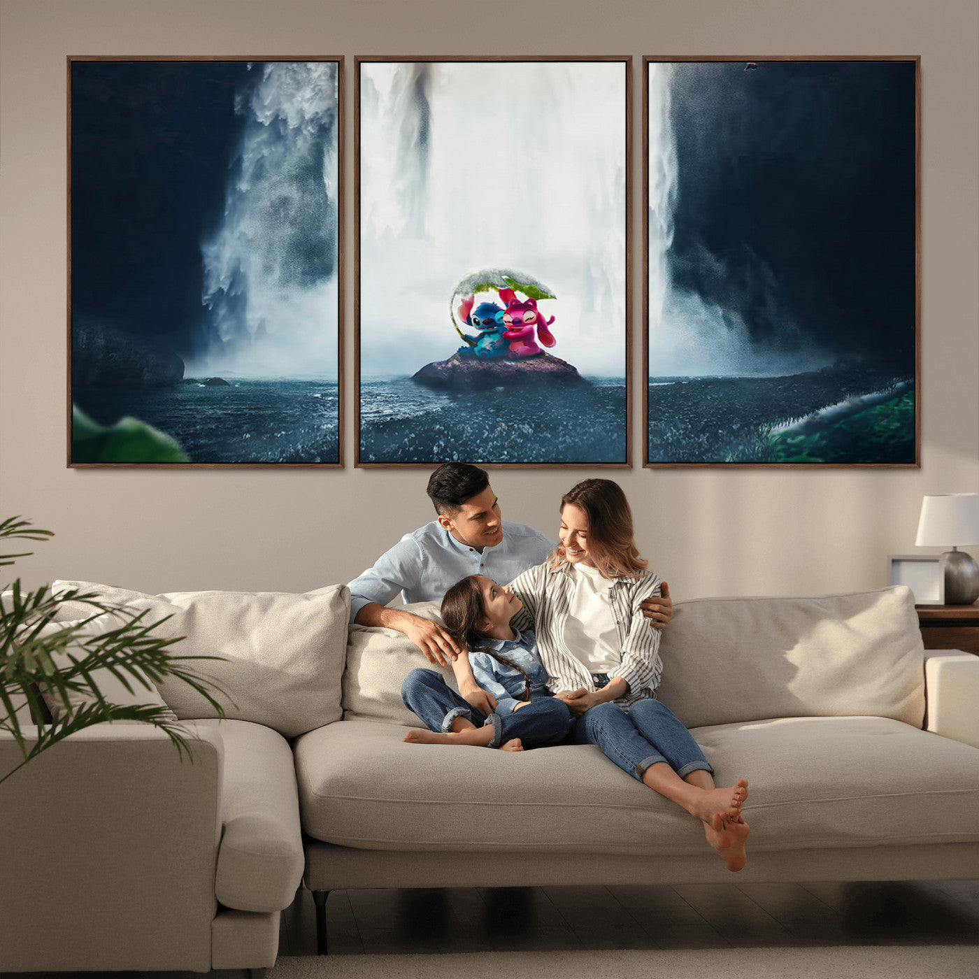 Fantasy canvas of Stitch and Angel under a leaf umbrella in front of a dramatic waterfall, perfect for moody jungle-themed or animated decor.