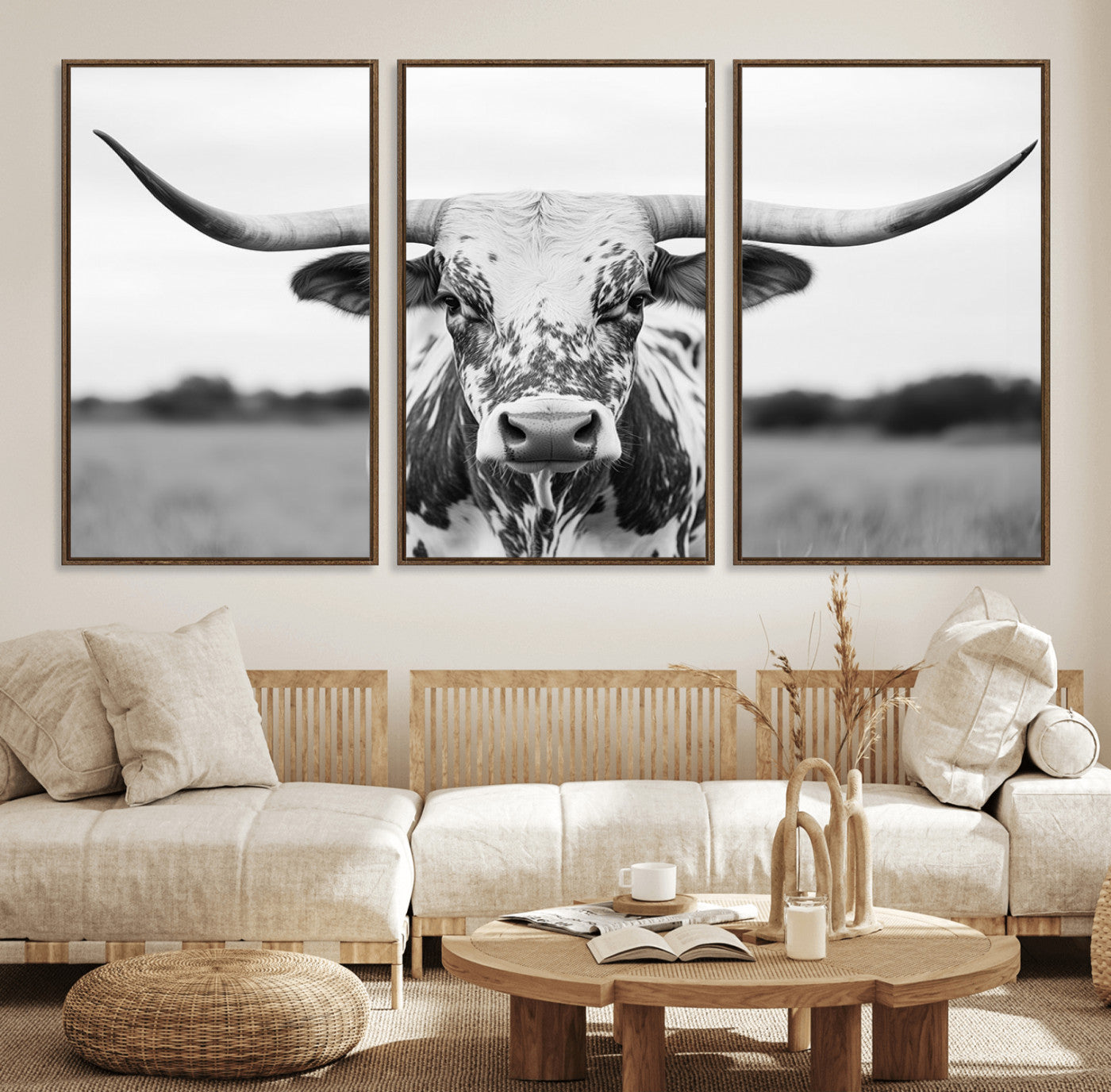Capture the strength and elegance of nature with this striking black and white portrait of a longhorn cow. Its powerful presence makes a bold statement in any room.