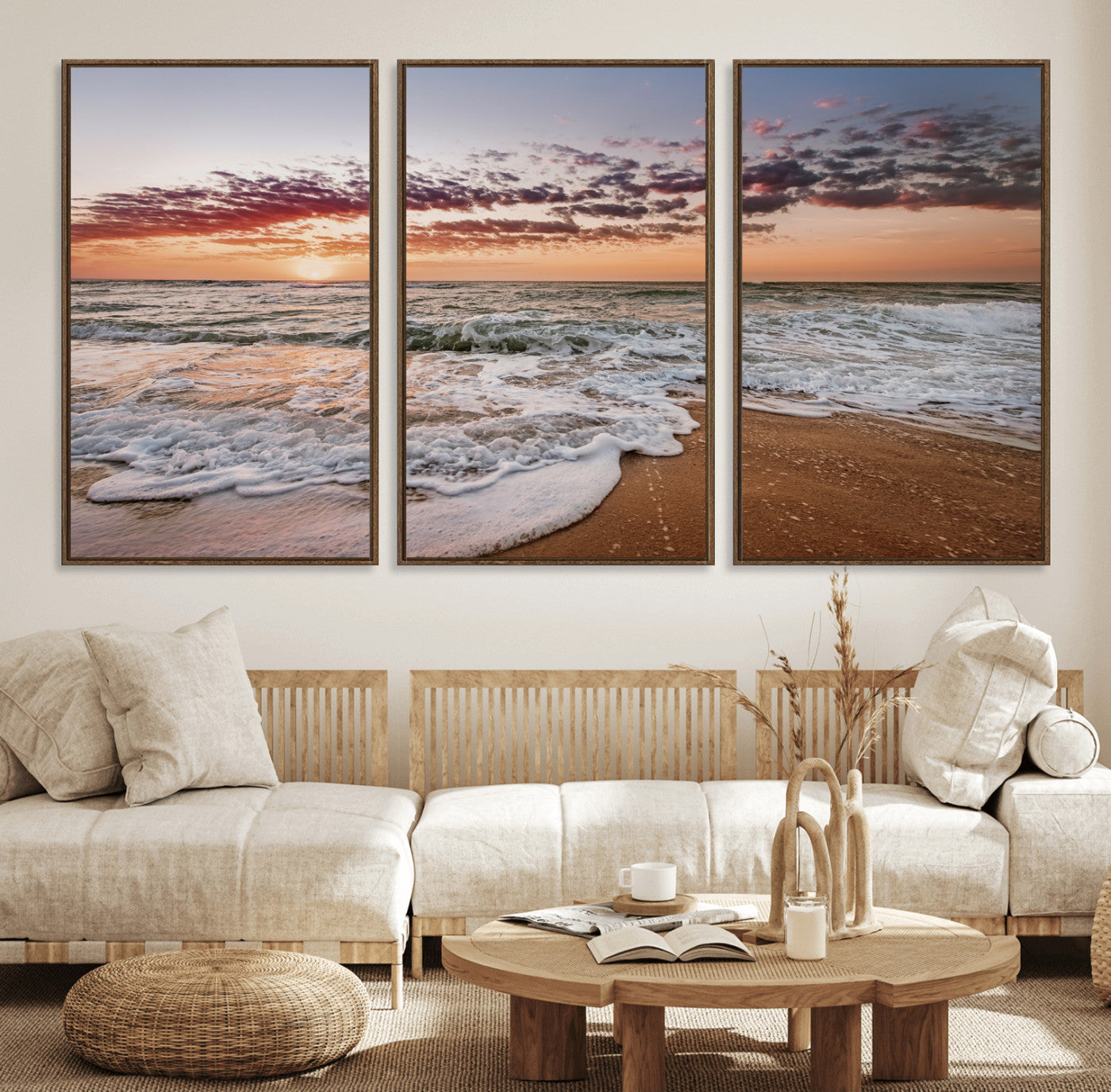 Canvas of a sunset over a foamy ocean shore with warm light and gentle waves, ideal for coastal or beach-themed home decor.