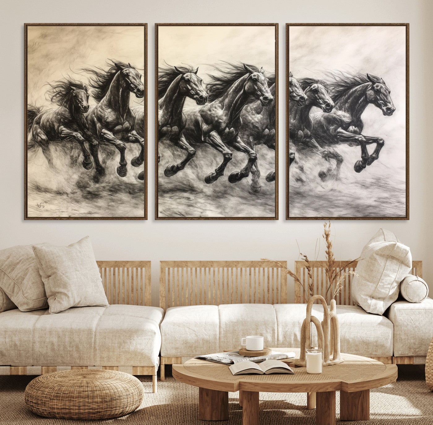 Monochrome drawing of a herd of galloping horses, perfect for dynamic and wild-themed decor in any equestrian or nature-inspired room.
