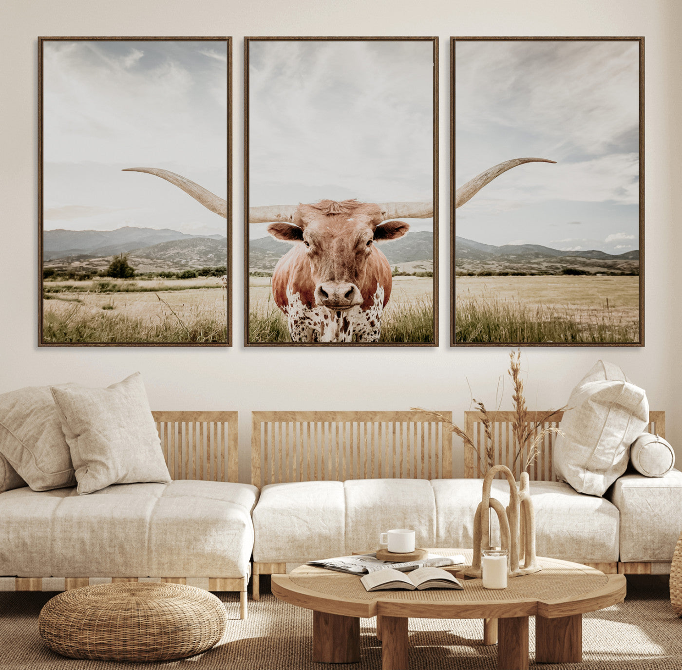 Longhorn Wall Art Print - Western Cow Canvas Print, featuring a majestic Texas longhorn in a rustic prairie setting, perfect for farmhouse and western decor.