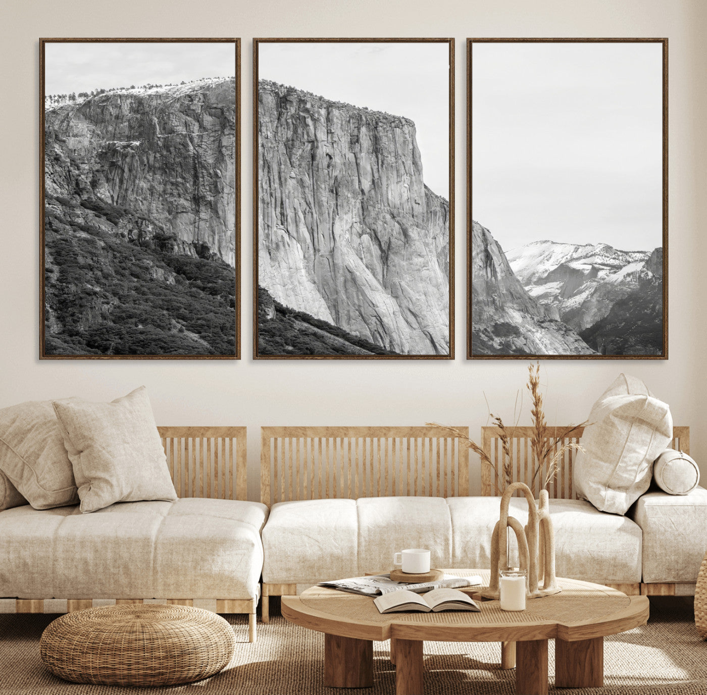 Monochrome canvas of El Capitan’s granite wall in Yosemite with snowy peaks, ideal for dramatic mountain or black-and-white nature decor.