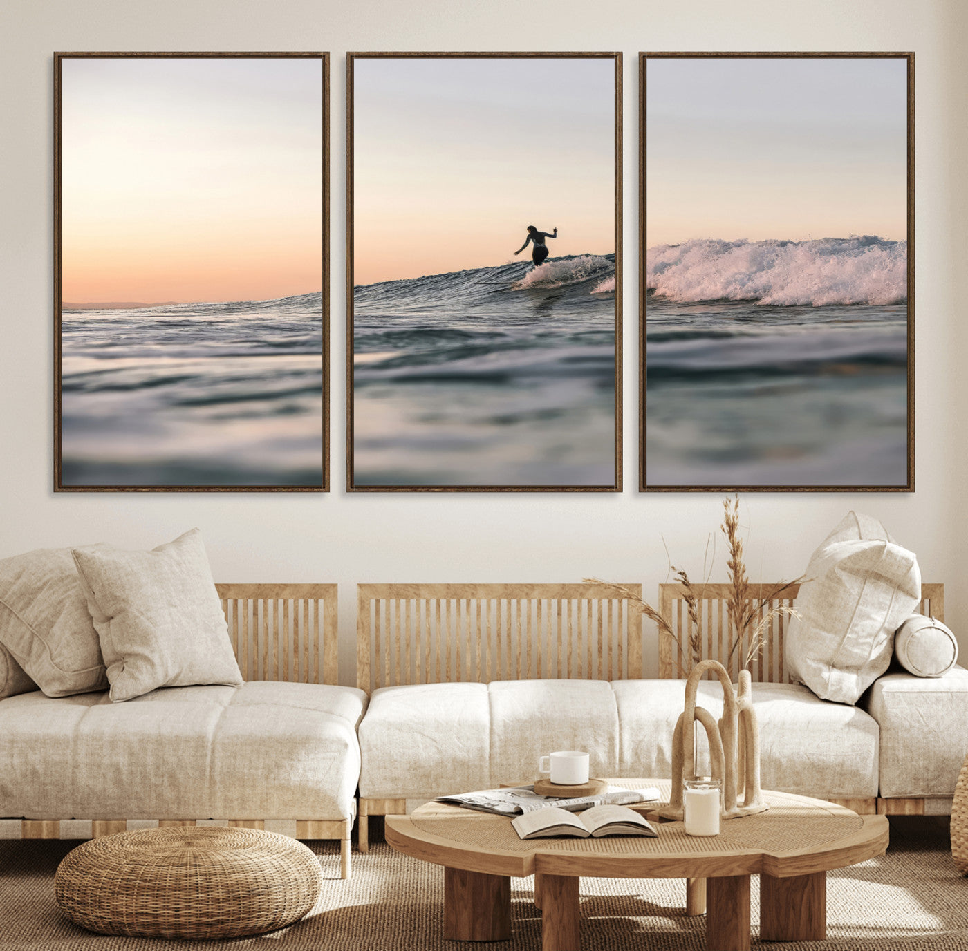 Framed canvas of a female surfer balancing on a wave at sunset, perfect for serene surf or ocean-inspired coastal decor.