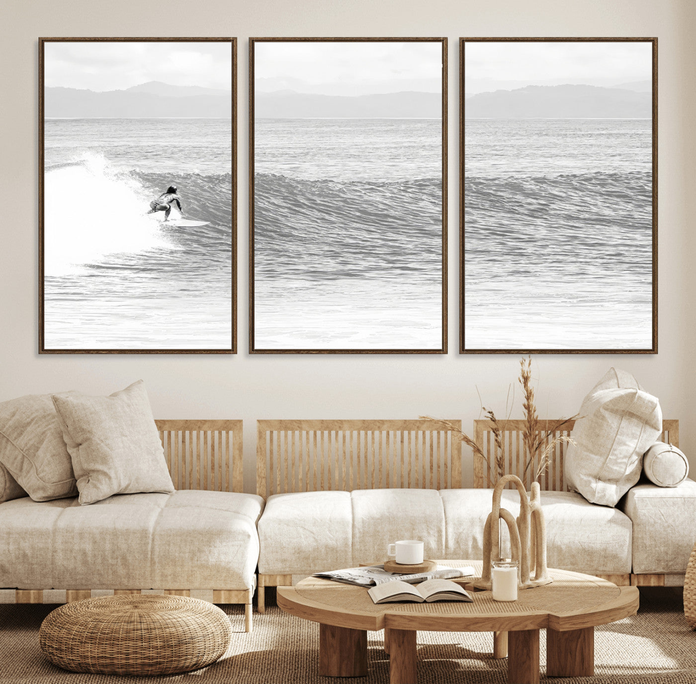Monochrome photo of a surfer riding a wave with distant mountains, ideal for coastal motion or black and white surf-themed wall decor.
