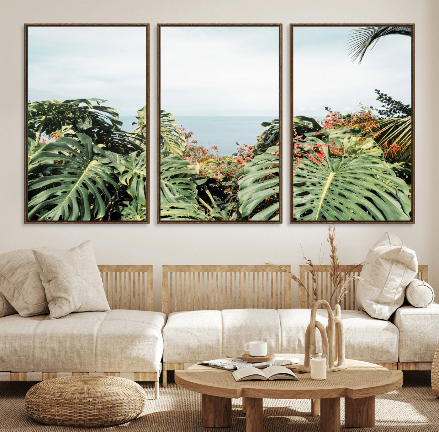 Monstera leaves and tropical flowers framing a calm ocean view, ideal for tropical coastal or exotic jungle-style interior wall decor.