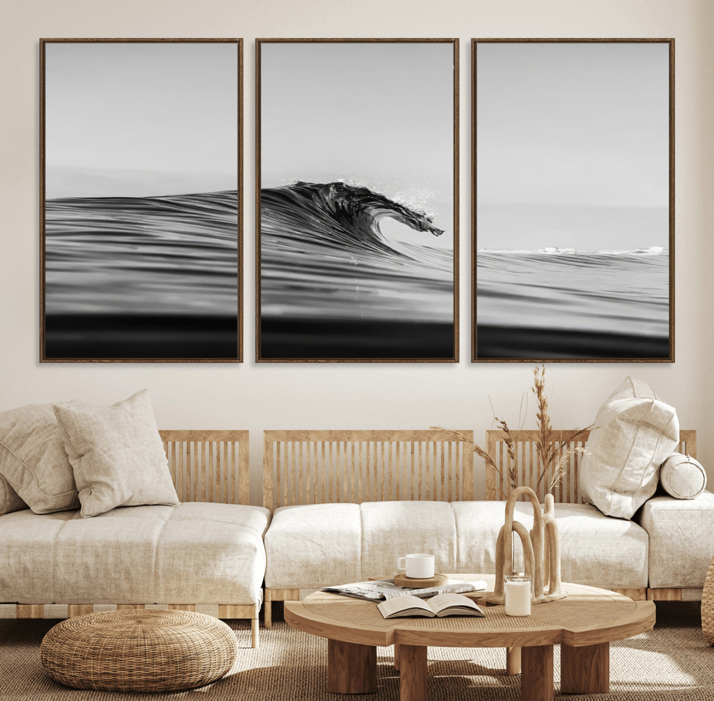 Striking black and white photo of a curling wave, ideal for modern coastal or minimalist wall decor settings.