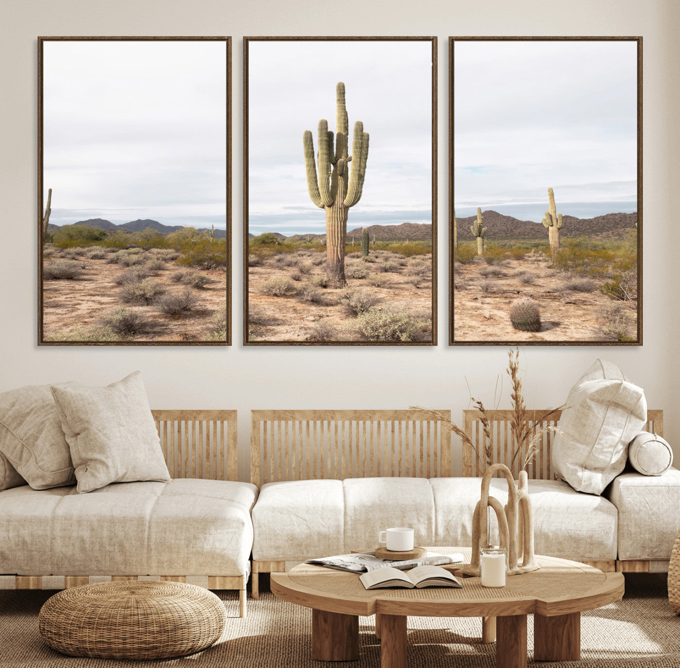Canvas of a saguaro cactus in an earthy Sonoran desert landscape, ideal for Southwestern Boho or desert minimalism inspired home decor. 2/2
