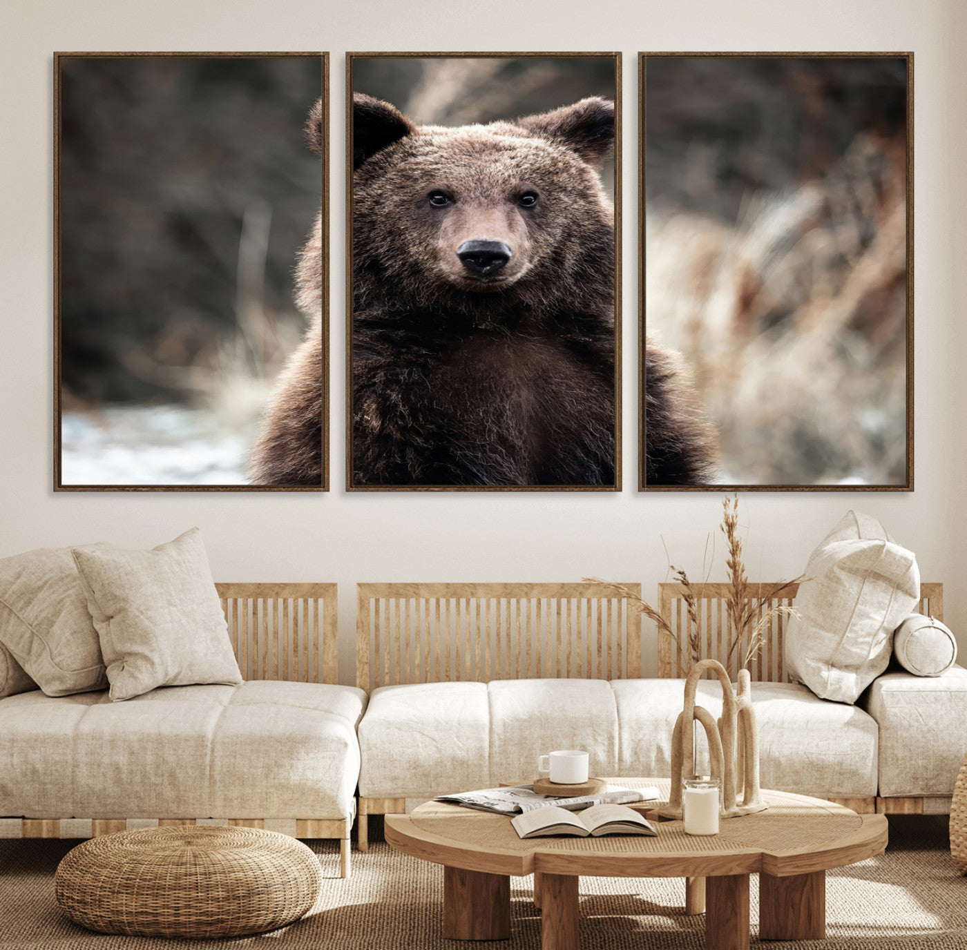 Canvas of a brown bear in soft earthy tones and moody forest light, ideal for rustic cabin or woodland nature-themed home decor.