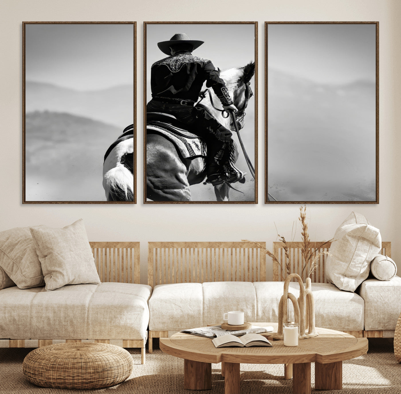 Black and white canvas of a cowboy on horseback with moody tones, perfect for rustic western or country-inspired home decor.