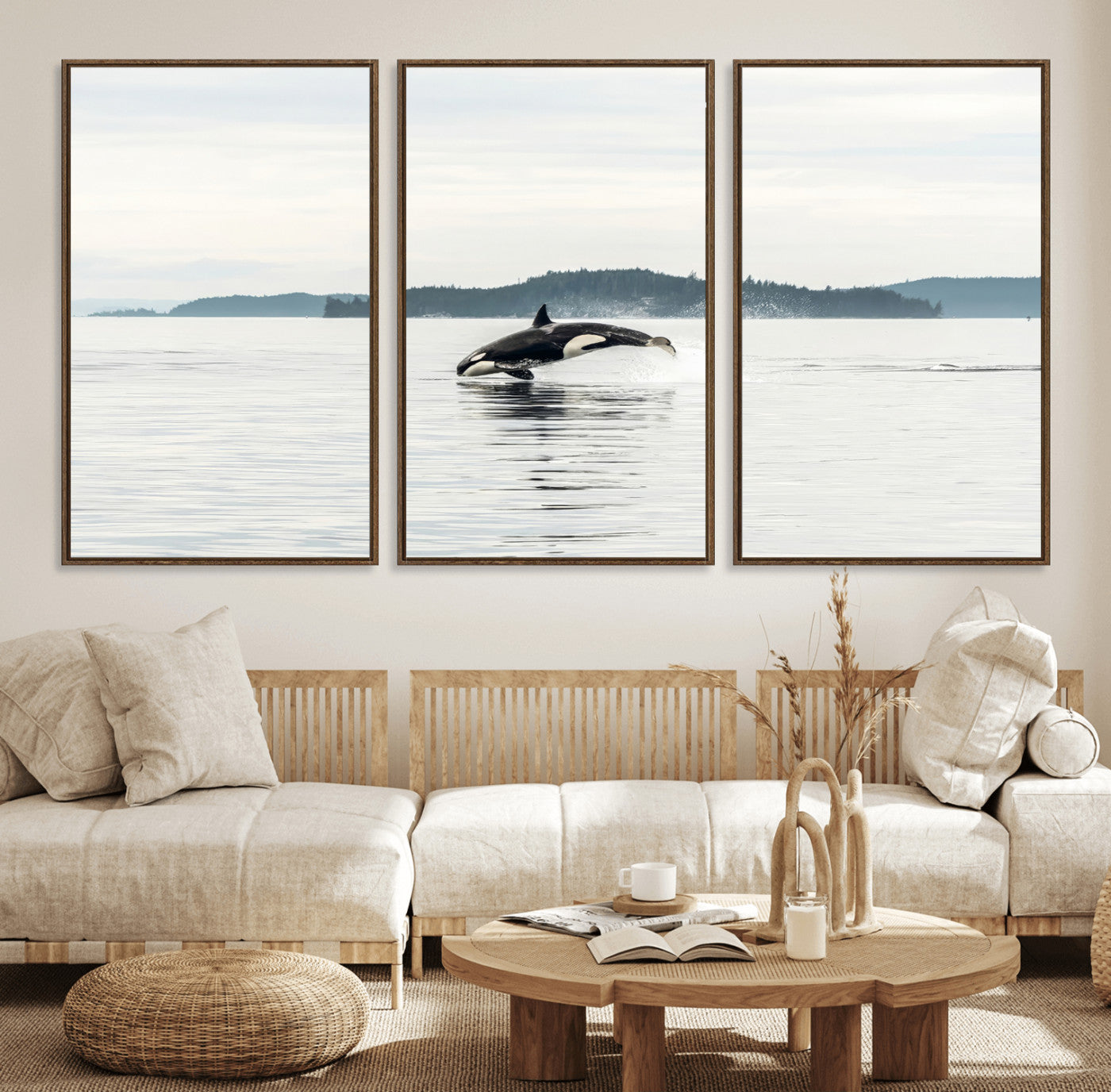 An orca jumping out of calm ocean waters with a misty island in the background, creating a serene and minimalist marine wildlife scene.