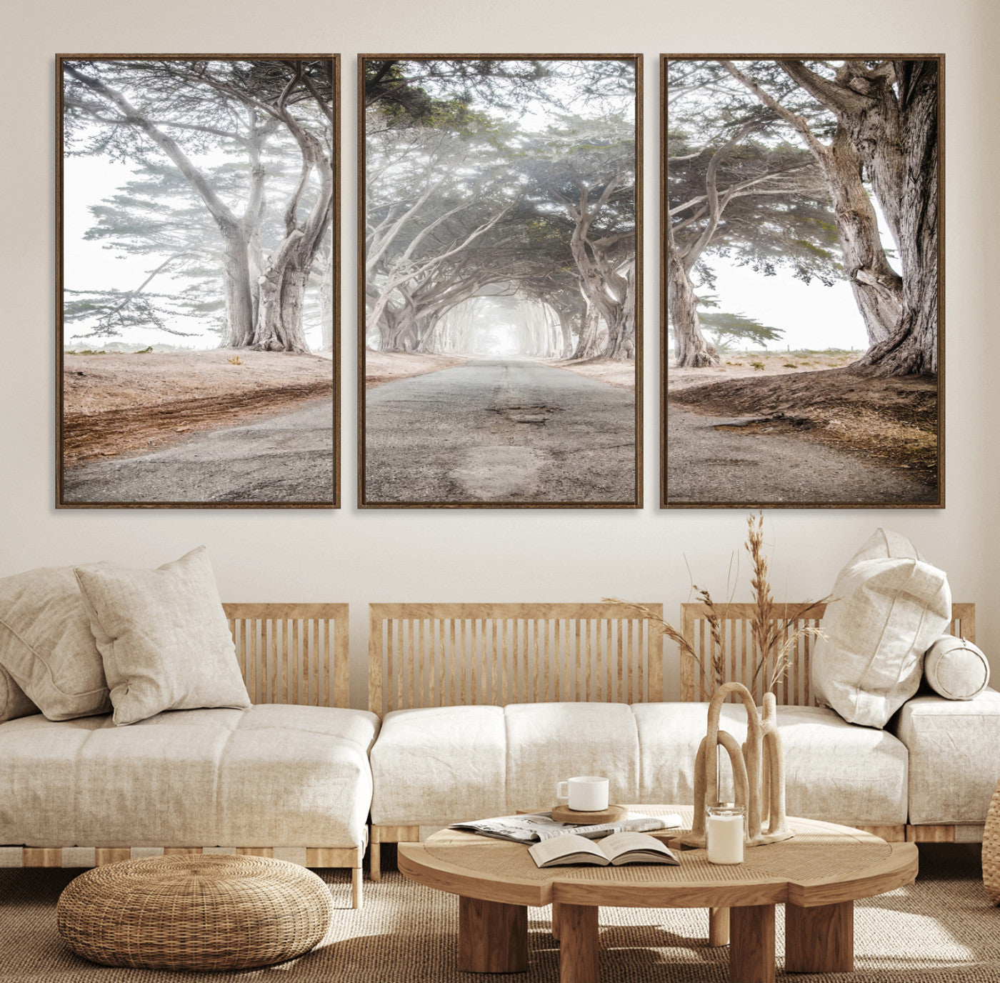 Canvas of a misty tree tunnel with arching cypress trees and an earthy road, ideal for rustic or coastal nature decor.